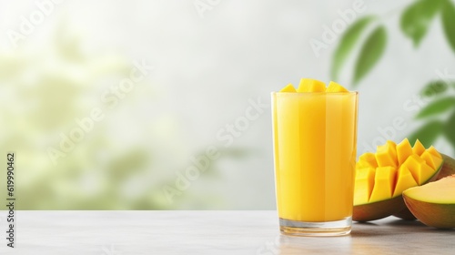 Glass of mango juice on light table. Space for text