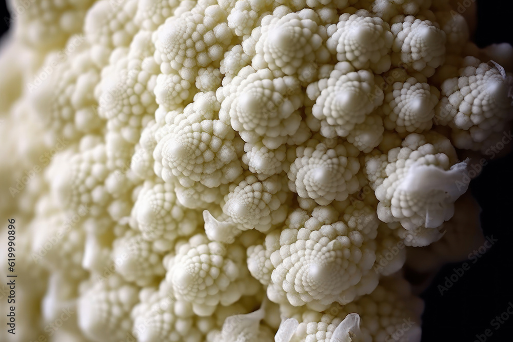 Macro shots capture the exquisite details and textures of cauliflower, revealing its intricate patterns and natural beauty. Generative AI. Macro shots capture the exquisite details and textures of cauliflower, revealing its intricate patterns and natural beauty. Generative AI.