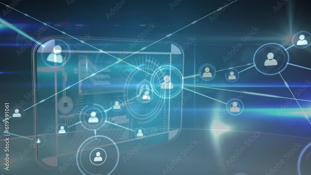 Animation of growing network of people icons over data processing on interface over dark background Animation of growing network of people icons over data processing on interface over dark background