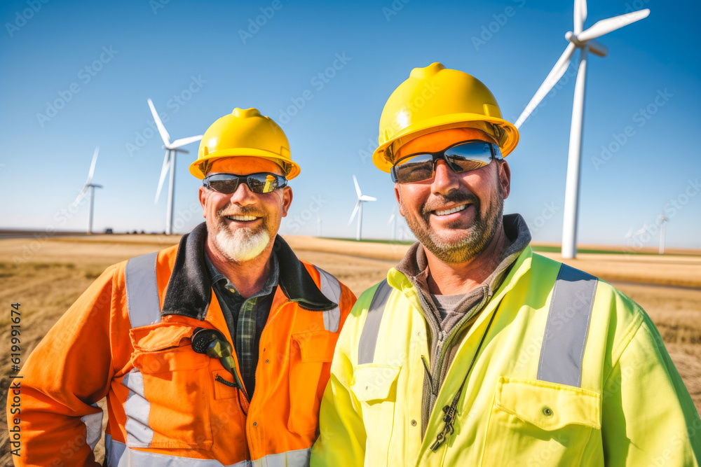 Two environmental workers in a wind power plant generation field, examining wind turbines, generative ai Two environmental workers in a wind power plant generation field, examining wind turbines, generative ai