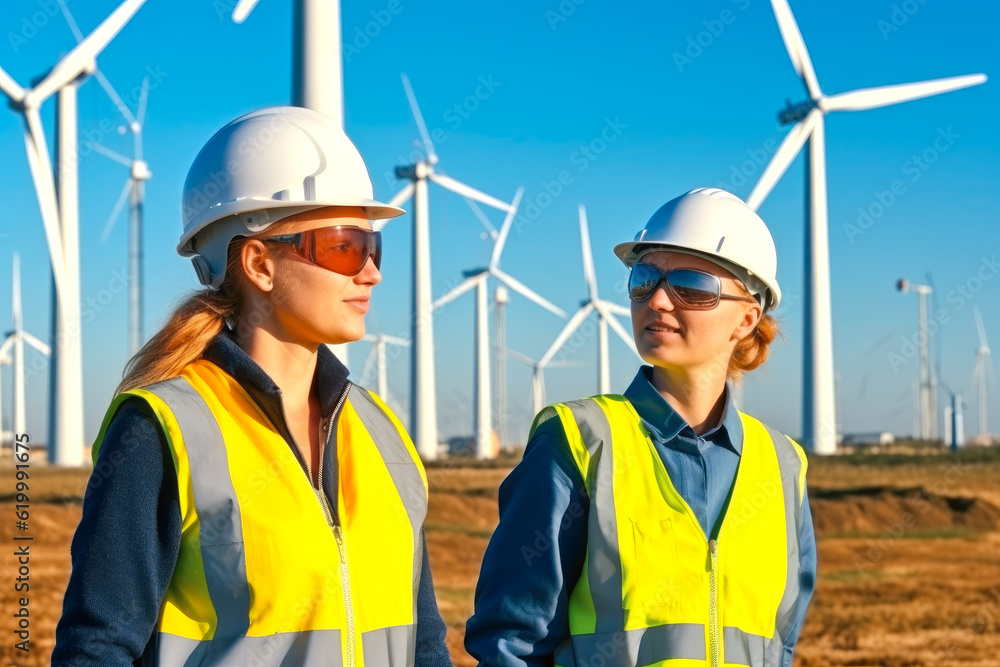 Two female environmental workers in a wind power plant generation field, examining wind turbines, generative ai Two female environmental workers in a wind power plant generation field, examining wind turbines, generative ai