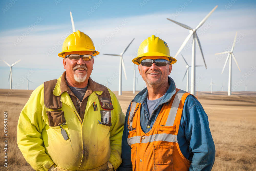 Two environmental workers in a wind power plant generation field, examining wind turbines, generative ai Two environmental workers in a wind power plant generation field, examining wind turbines, generative ai