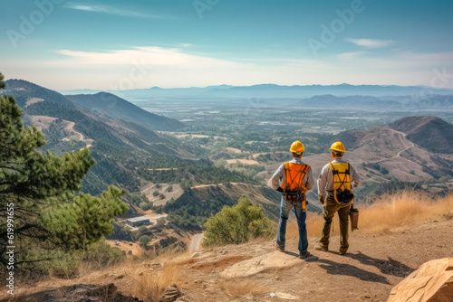Fotografia Two environmental engineers overlook a picturesque valley from a mountain, exami