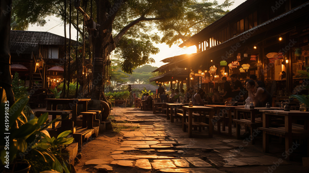 Fototapeta premium Streets and alleyways during the day, Wooden Shop, Community Shop, Restaurant, Countryside in Thailand