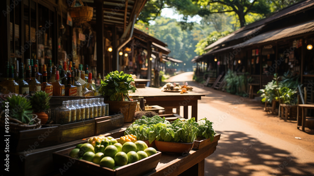 Streets and alleyways during the day, Wooden Shop, Community Shop, Restaurant, Countryside in Thailand