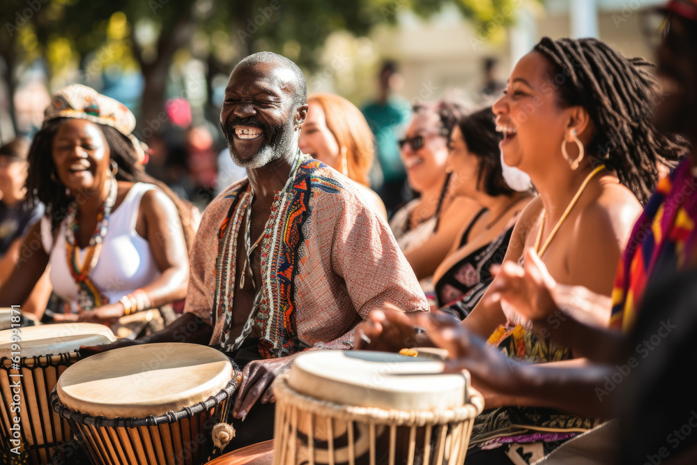 A vibrant drum circle featuring a diverse community creating energetic rhythms, people enjoying drumming musician, generative ai - obrazy, fototapety, plakaty 