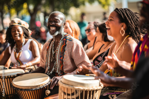 Print op canvas A vibrant drum circle featuring a diverse community creating energetic rhythms,