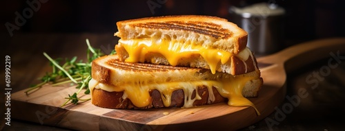 traditional melted grilled cheese toasted sandwich served on wooden tray with herbs seasoning on the side as wide banner for food menu concepts - Generative AI