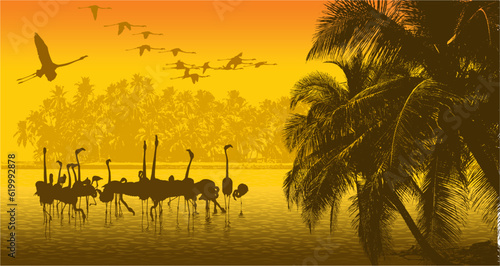 flamingos, volando, atardecer, mar, isla, palmeras, figuras, contraluz, asoleado, agua, reflejo