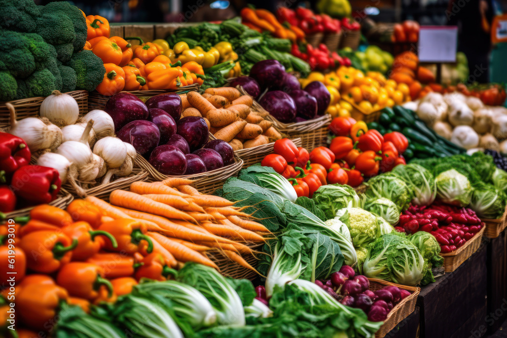 Capture the vibrant and colorful scene of a farmers market with this image showcasing a variety of fresh vegetables neatly arranged on display. Generative AI.