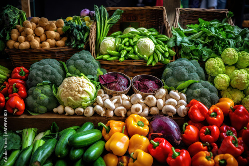 Capture the vibrant and colorful scene of a farmers market with this image showcasing a variety of fresh vegetables neatly arranged on display. Generative AI. © Shinonome Studio