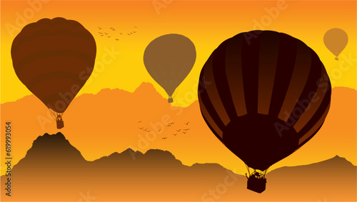 globos, panoramica, atardecer, amarillo, naranja, café, gaviotas, palomas, paisaje