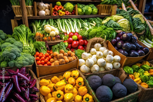 Capture the vibrant and colorful scene of a farmers market with this image showcasing a variety of fresh vegetables neatly arranged on display. Generative AI.