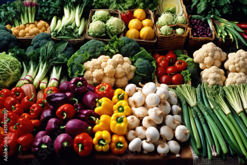 Capture the vibrant and colorful scene of a farmers market with this image showcasing a variety of fresh vegetables neatly arranged on display. Generative AI.