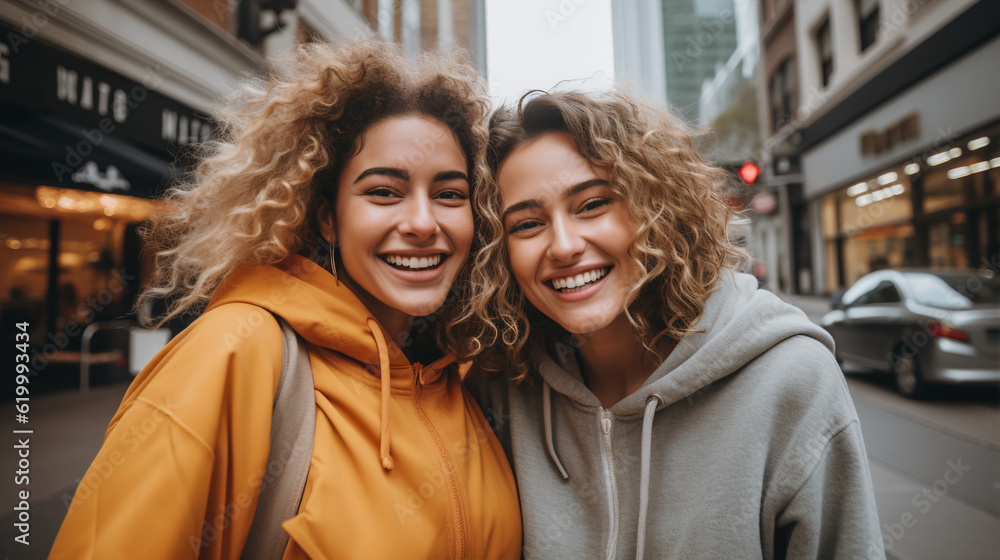 Captivating City Selfies: Bold and Energetic Portrait of Two Young Women Embracing the Moment