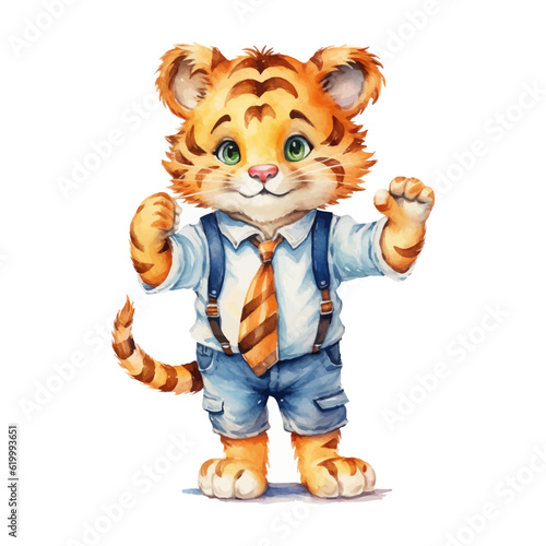 Cute tiger student cartoon in watercolor painting style