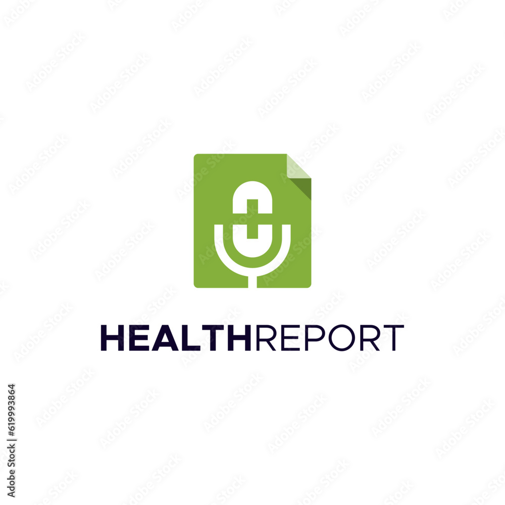 Modern logo combination of mic, health cross and paper. It is suitable for use as a health report logo. Modern logo combination of mic, health cross and paper. It is suitable for use as a health report logo.