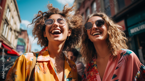 Captivating City Selfies: Bold and Energetic Portrait of Two Young Women Embracing the Moment