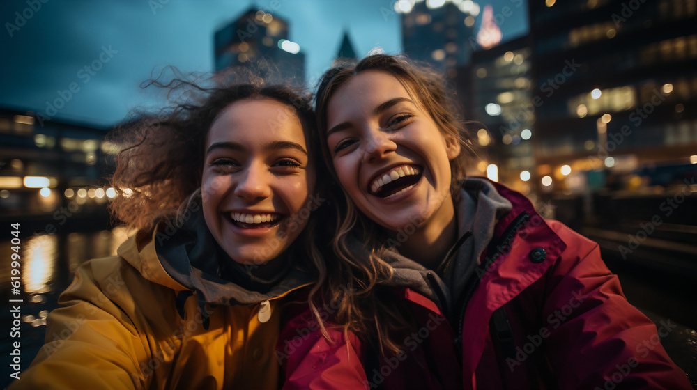 Captivating City Selfies: Bold and Energetic Portrait of Two Young Women Embracing the Moment Captivating City Selfies: Bold and Energetic Portrait of Two Young Women Embracing the Moment