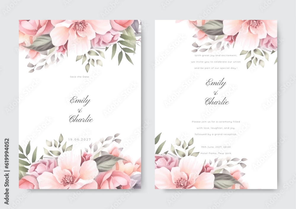Wedding invitation card template set with soft roses floral and watercolor background