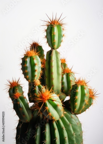 Cactus with Thorns and Orange Blossoms on White Background
