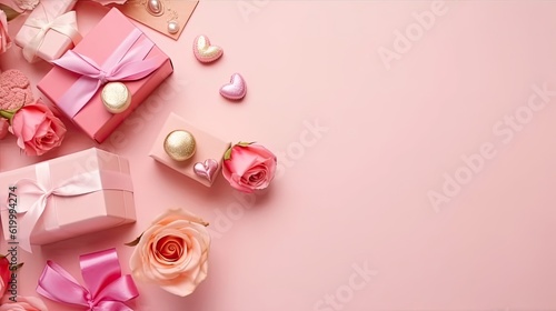 A collection of Gift box and pink flowers on pink pastel background for Valentine day banner