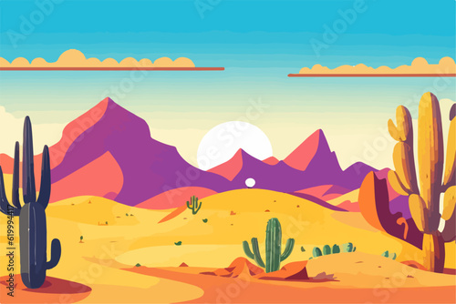 Cartoon desert landscape with cactus  hills  sun and mountains silhouettes  vector nature horizontal background.