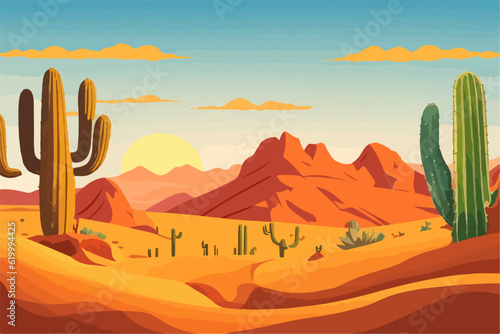 Cartoon desert landscape with cactus, hills, sun and mountains silhouettes, vector nature horizontal background.