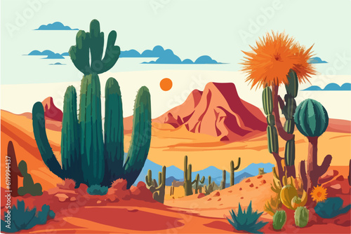 Cartoon desert landscape with cactus, hills, sun and mountains silhouettes, vector nature horizontal background.