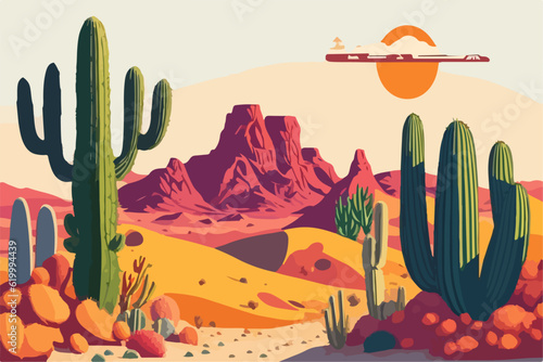Cartoon desert landscape with cactus, hills, sun and mountains silhouettes, vector nature horizontal background.