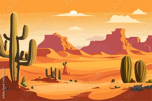 Slika na platnu Cartoon desert landscape with cactus, hills, sun and mountains silhouettes, vector nature horizontal background
