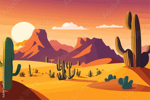 Cartoon desert landscape with cactus, hills, sun and mountains silhouettes, vector nature horizontal background.