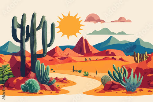 Cartoon desert landscape with cactus, hills, sun and mountains silhouettes, vector nature horizontal background.