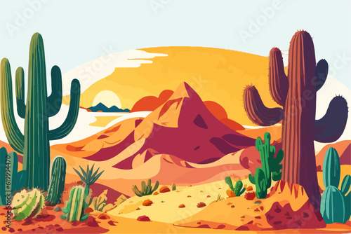 Cartoon desert landscape with cactus, hills, sun and mountains silhouettes, vector nature horizontal background.