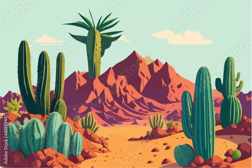 Cartoon desert landscape with cactus, hills, sun and mountains silhouettes, vector nature horizontal background.