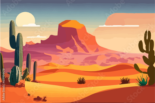 Cartoon desert landscape with cactus  hills  sun and mountains silhouettes  vector nature horizontal background.