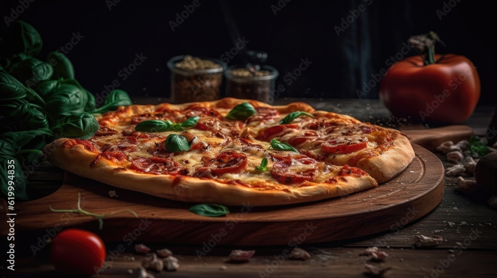 Closeup Pizza full of sliced greens on a wooden plate on a blurred background