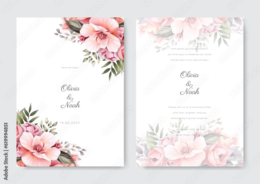 Abstract roses flower wedding invitation template on a purple pink background vector banner poster template