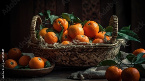 Closeup Fresh Mandarin in a bamboo basket with blurred background
