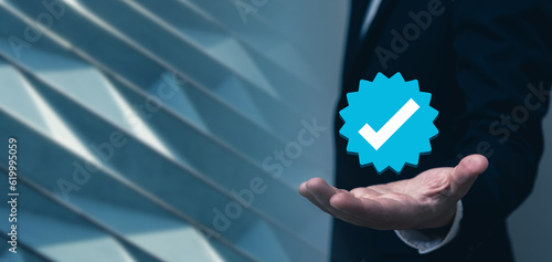 Verified and approved blue tick symbolizes concept, trust and confidence in business applications, social media, verified check mark icons, ensuring authenticity and professionalism.