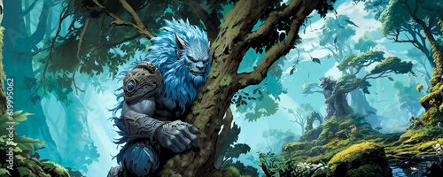 Illustration of a blue skinned lion warrior sitting on a tree in a beautiful panoramic fantasy landscape