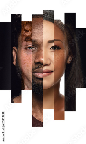 Human face made from different portrait of men and women of diverse age, gender and race. Combination of faces. Concept of social equality, human rights, freedom, diversity, acceptance photo