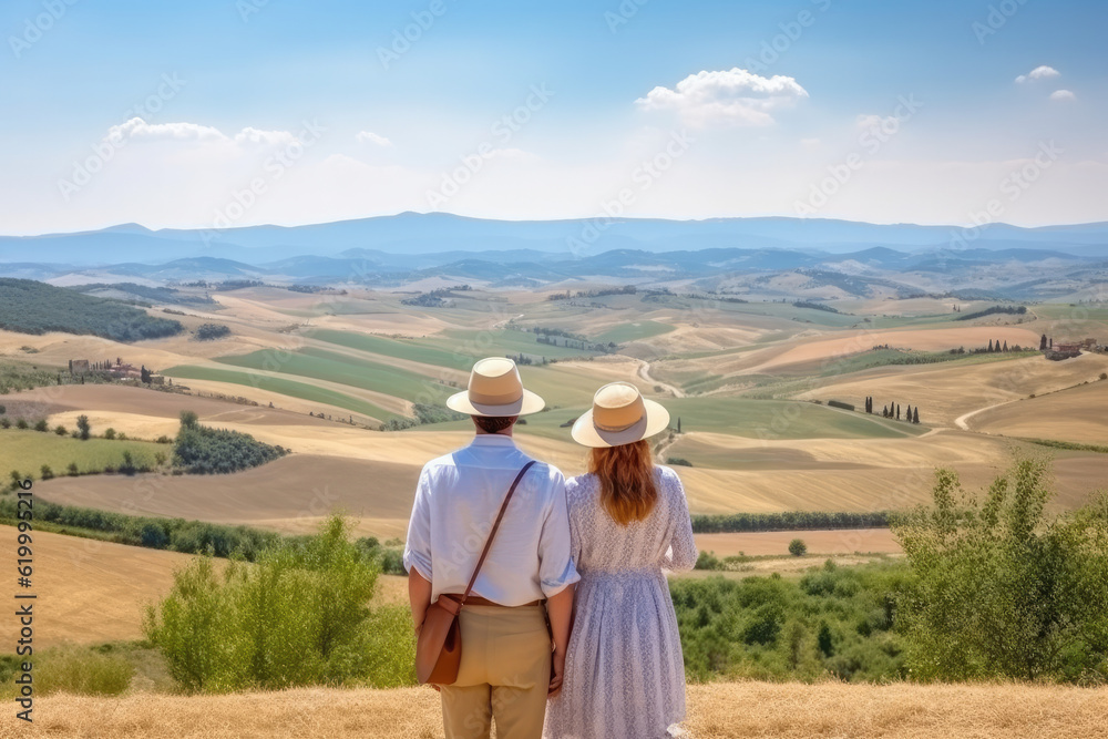 Tuscany, Italy travel destination. Tourist couple on sunny day looking at beautiful landscape and distant villages. Generative AI.