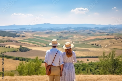 Tuscany  Italy travel destination. Tourist couple on sunny day looking at beautiful landscape and distant villages. Generative AI.
