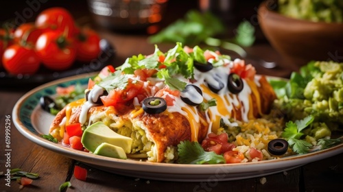 New Mexican flat enchiladas with vegetable chunks and blurred background