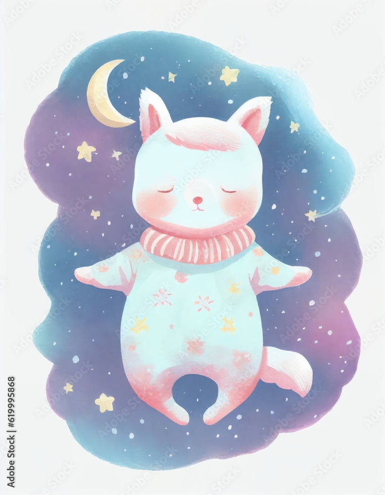 Cute Sleeping Kitten in Pajamas, Dreaming on the Night Sky, Nursery Art Cute Sleeping Kitten in Pajamas, Dreaming on the Night Sky, Nursery Art