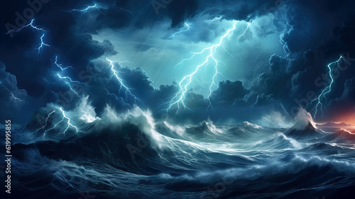 Dramatic portrayal of a turbulent sea with towering waves amidst a raging storm, depicting the raw power and intensity of nature in a visually stunning composition.