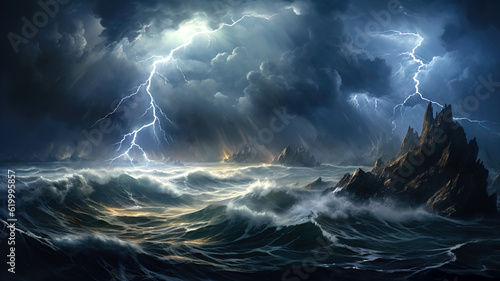 Dramatic portrayal of a turbulent sea with towering waves amidst a raging storm, depicting the raw power and intensity of nature in a visually stunning composition.