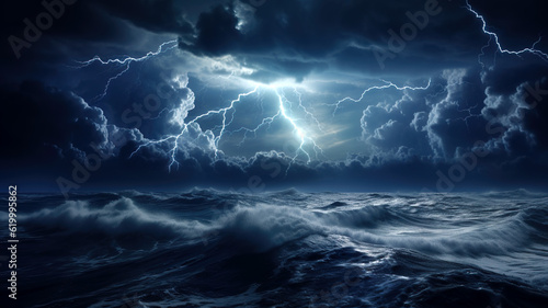 Fotografering Dramatic portrayal of a turbulent sea with towering waves amidst a raging storm, depicting the raw power and intensity of nature in a visually stunning composition