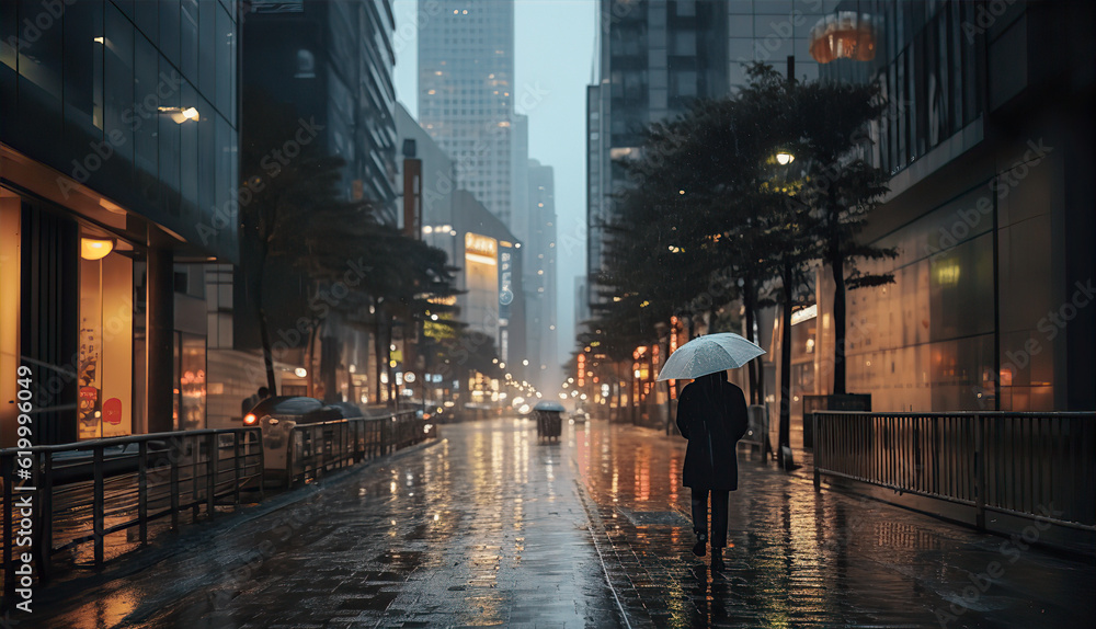 A person passing through a sidewalk between tall buildings is caught in a sudden pouring rain, generative AI